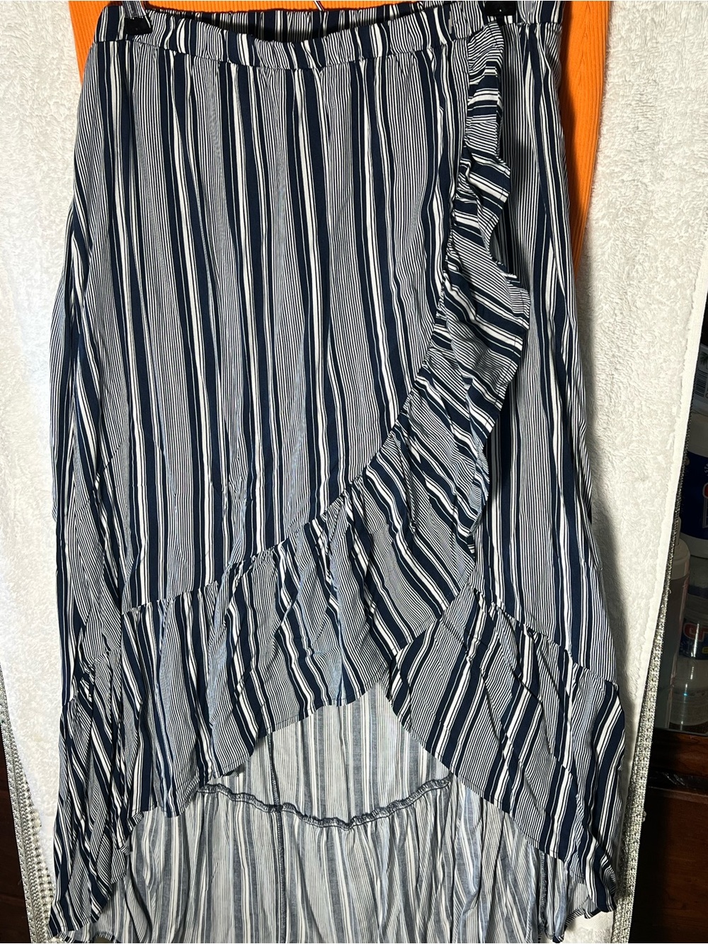 No Boundaries Navy & White Asymmetrical Ruffle Stripe Skirt